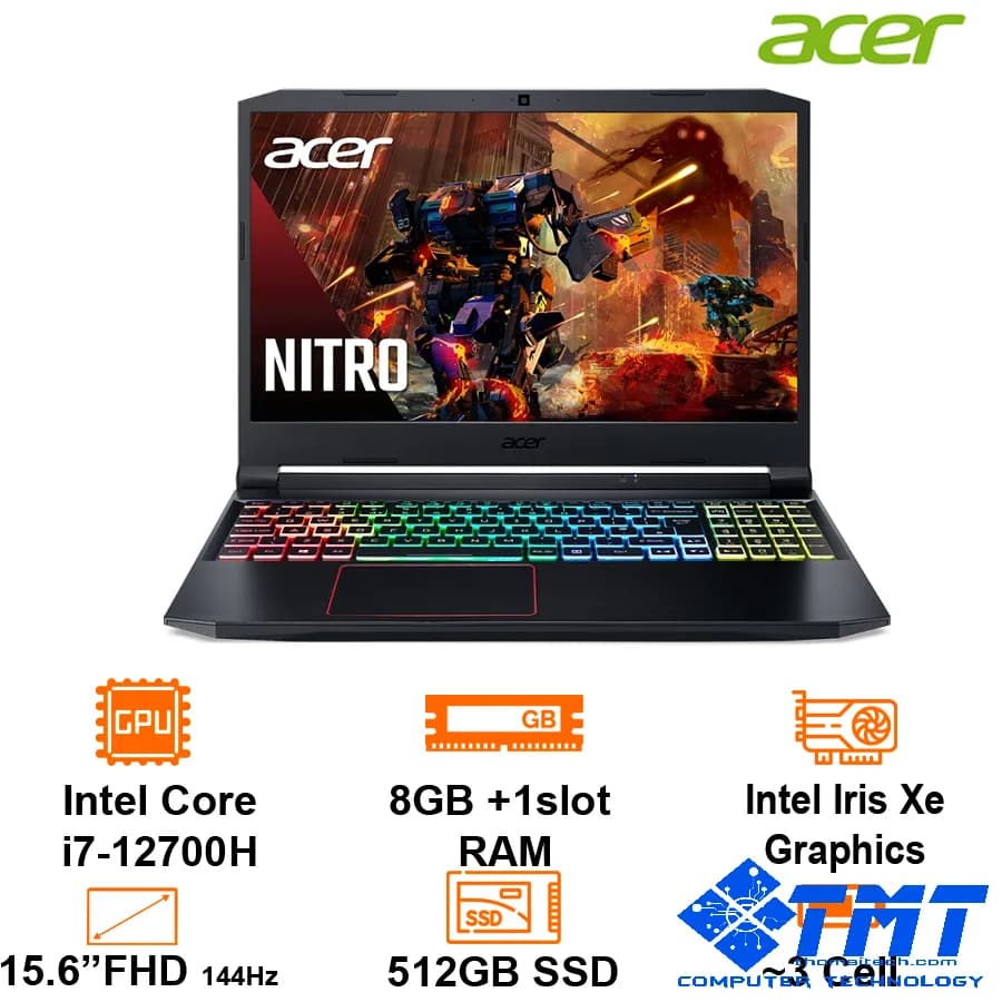 Laptop Acer Gaming Nitro 5 AN515-58-769J (Đen) 15.6 FHD 144Hz I7-12700H 8GB+1slot 512GB SSD 1M2 1HDD VGA RTX3050 4GB