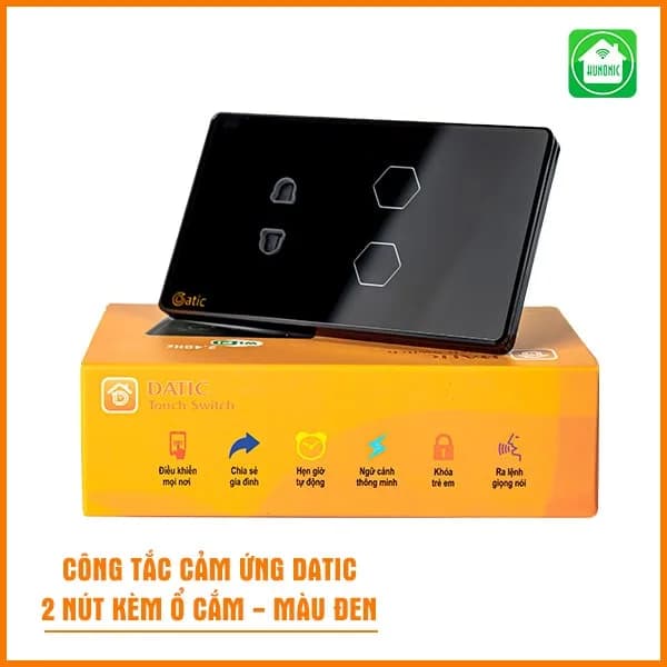 Công tắc cảm ứng WiFi Hunonic Datic 2 Nút 1 Ổ, màu Đen